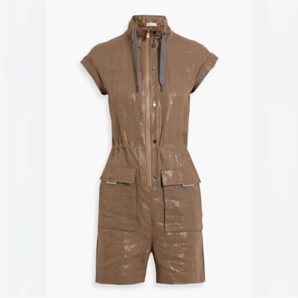 NWT Brunello Cucinelli 100% linen Shimmering Gold/ brown romper, S - Picture 1 of 16